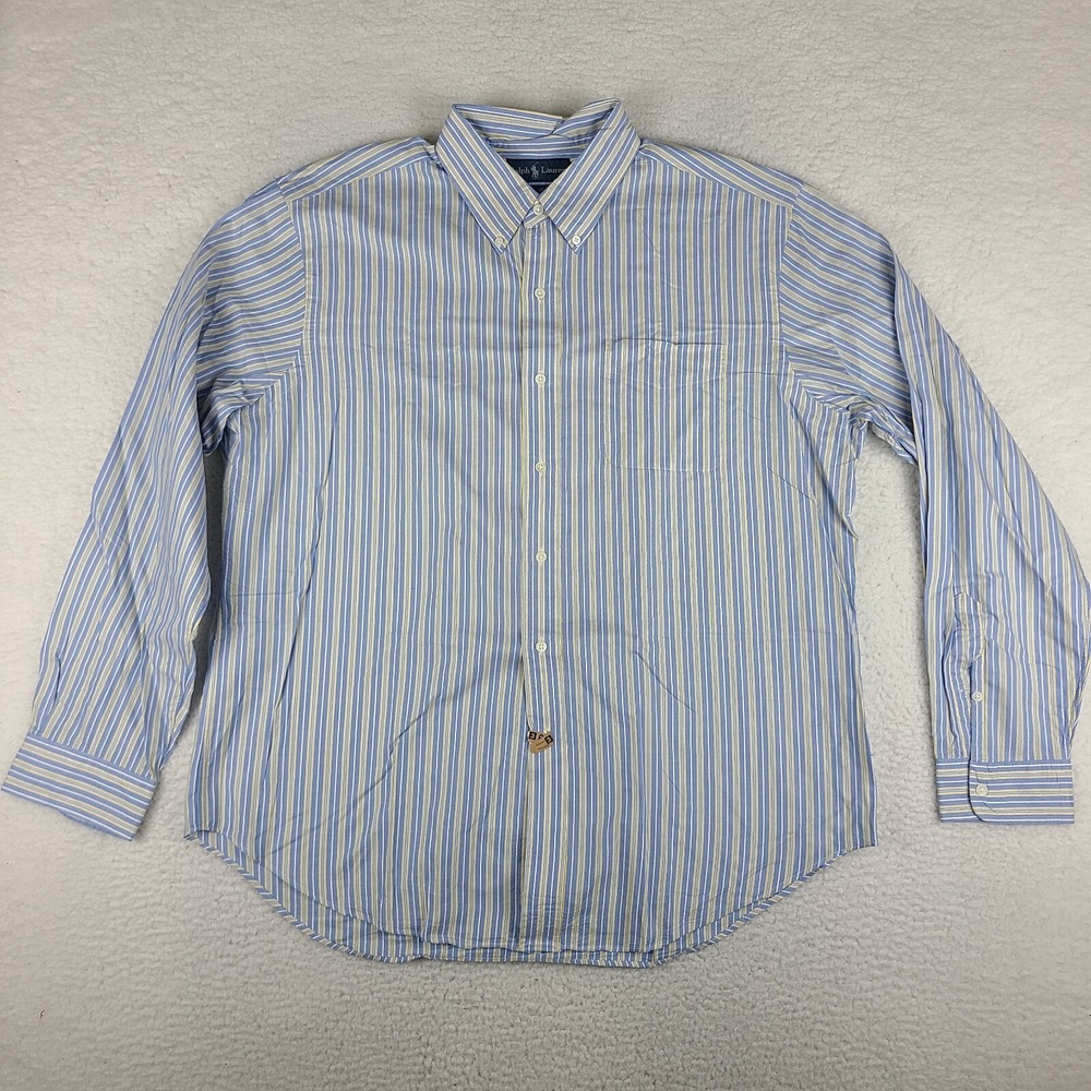 Ralph Lauren Shirt Mens XL Blue Yellow Striped Classic Fit Dress Button Down VTG